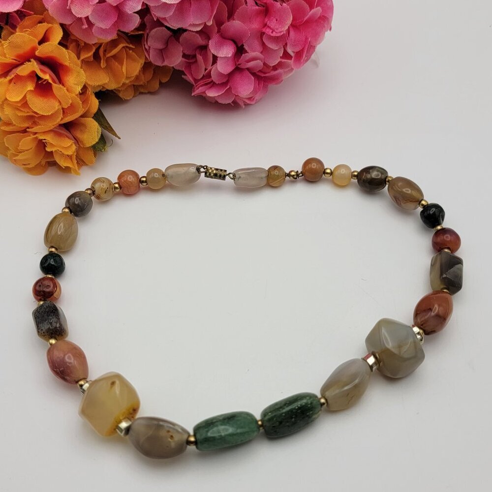 Vintage Multicolor Agate Gemstone Beaded Collar Necklace 16"